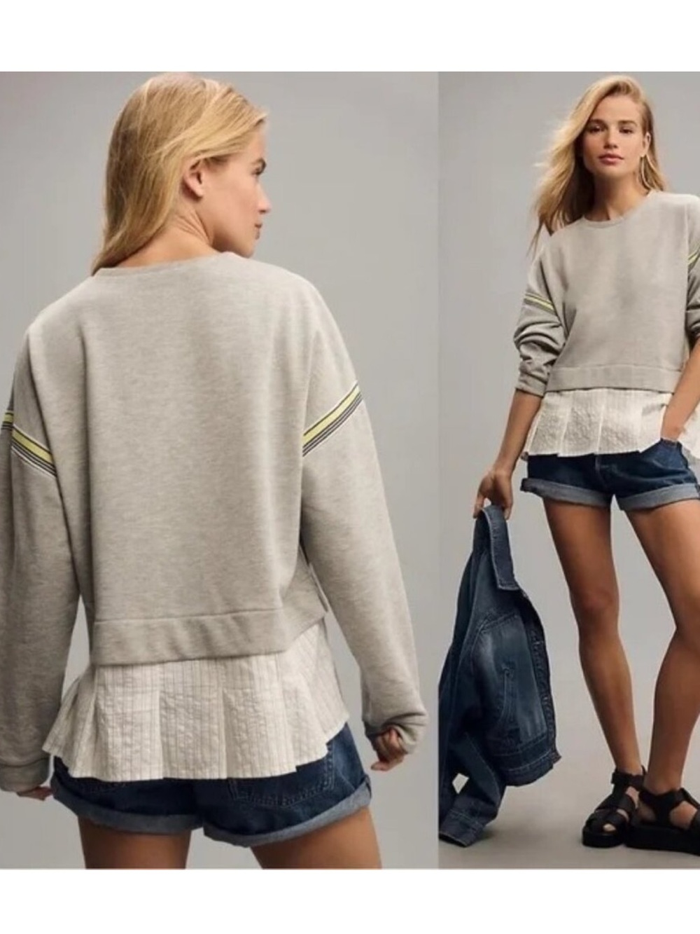 Maeve Gray Stripe Tape Twofer Oversized Sweatshirt Blouse Women's Size L